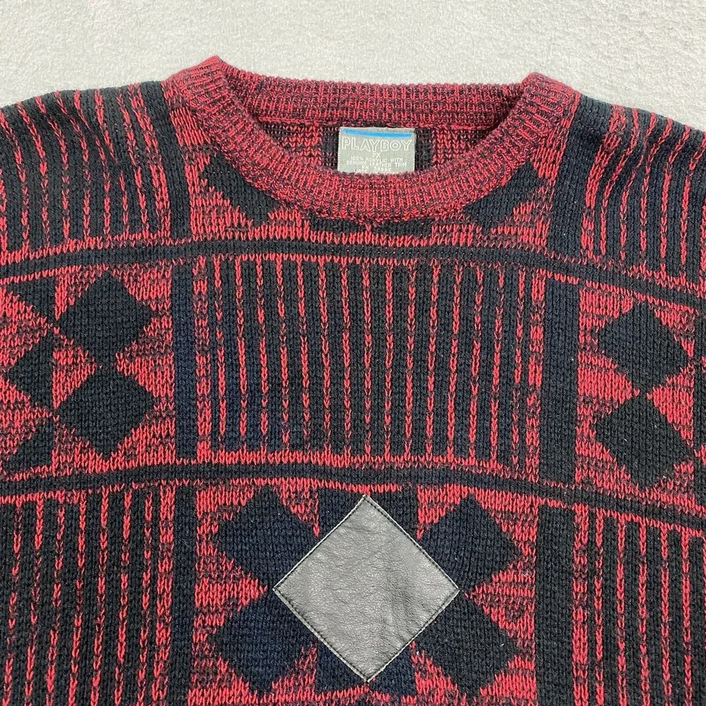 Vintage Playboy Sweater Mens 2X Red Black Pullover Crew Neck Leather Trim - Picture 3 of 9